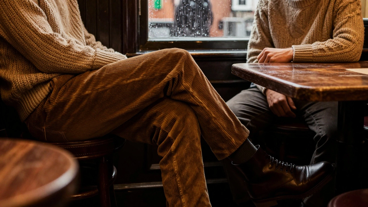 Person wearing corduroy pants sitting in a cozy Irish pub