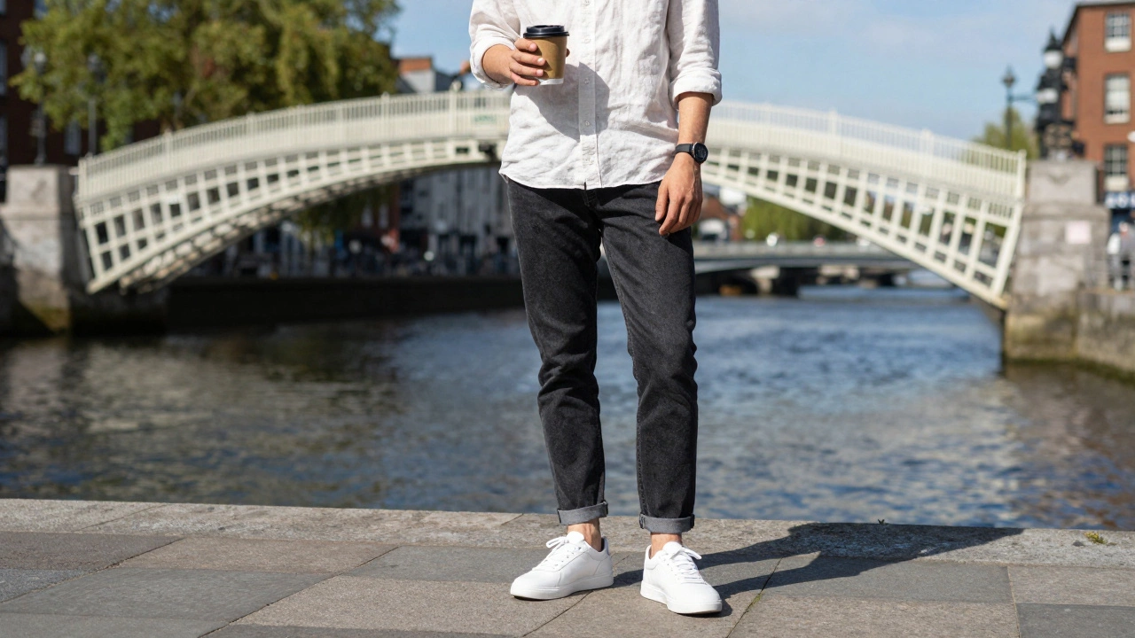 Person wearing smart casual trainers by Dublin's Liffey