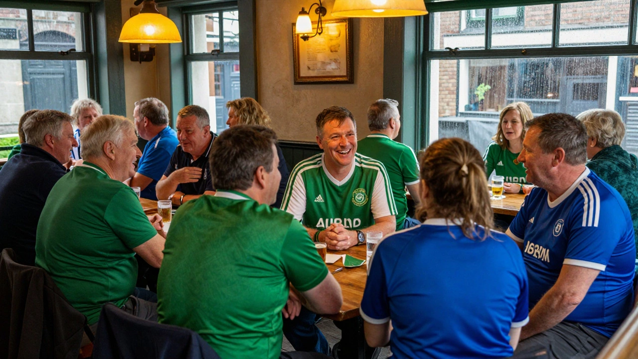 Pub patrons wearing GAA jerseys in a cozy Irish tavern