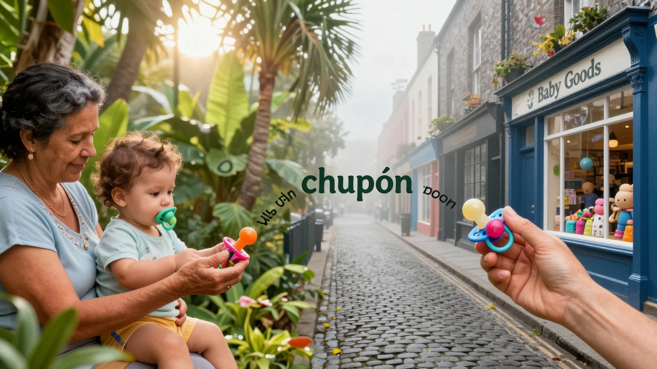 Split image comparing Puerto Rican and Irish settings with a shared pacifier theme