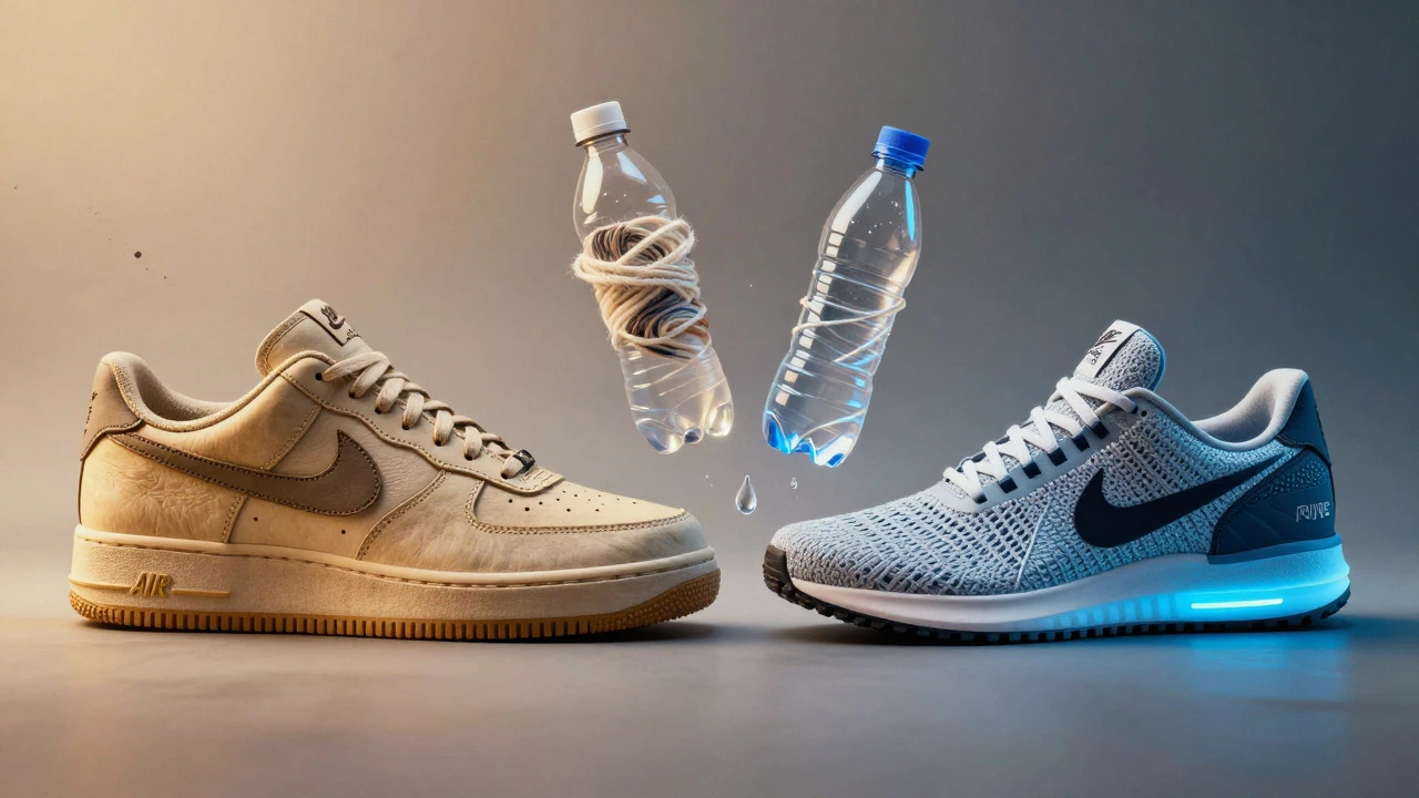 Split image comparing vintage leather and modern synthetic sneakers