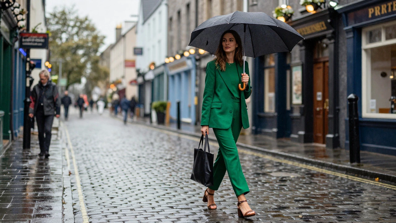 Stylish woman walking with umbrella on wet cobblestones