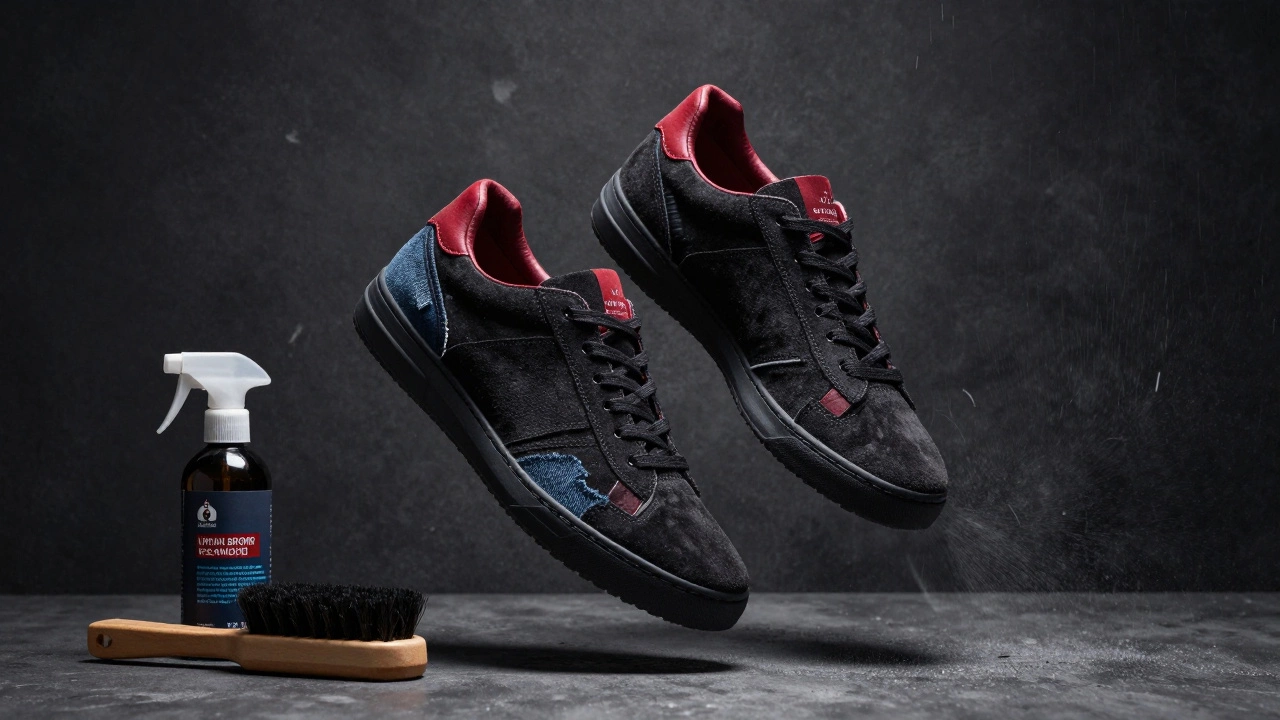 Suede trainers floating above cleaning tools and rain effects on a dark studio background.