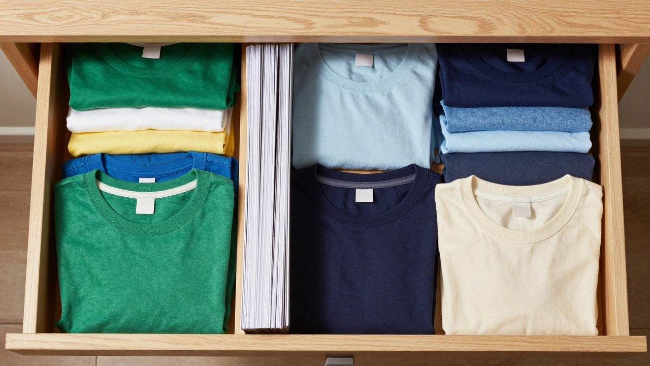 T-shirts filed vertically in a drawer for easy access