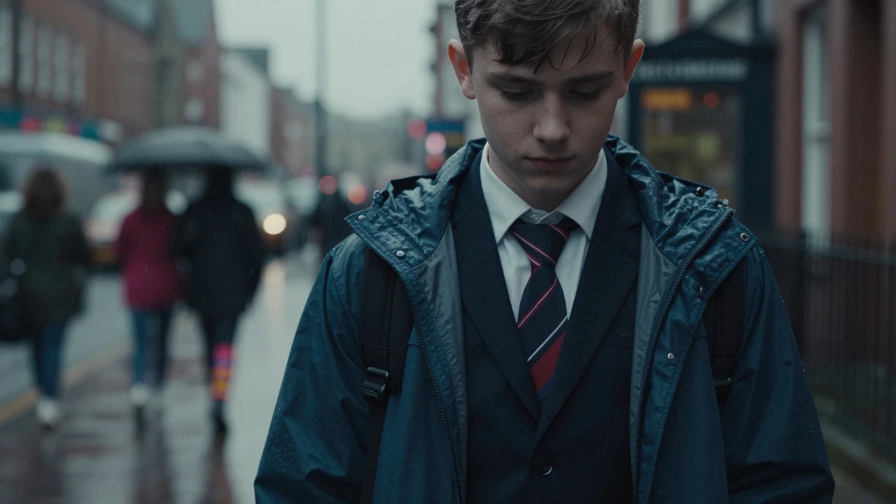 Teenager in school uniform stands in rain, looking thoughtful.
