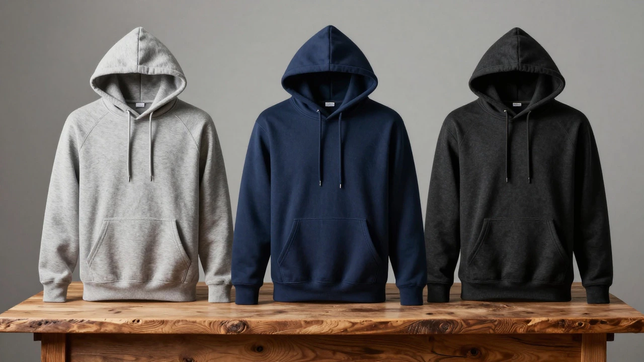 Three hoodies of different qualities displayed on a wooden table