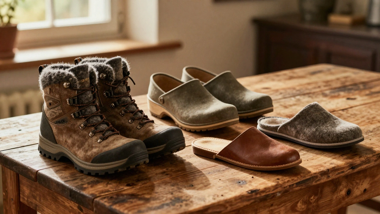 Variety of supportive slippers on a wooden table in a cozy room