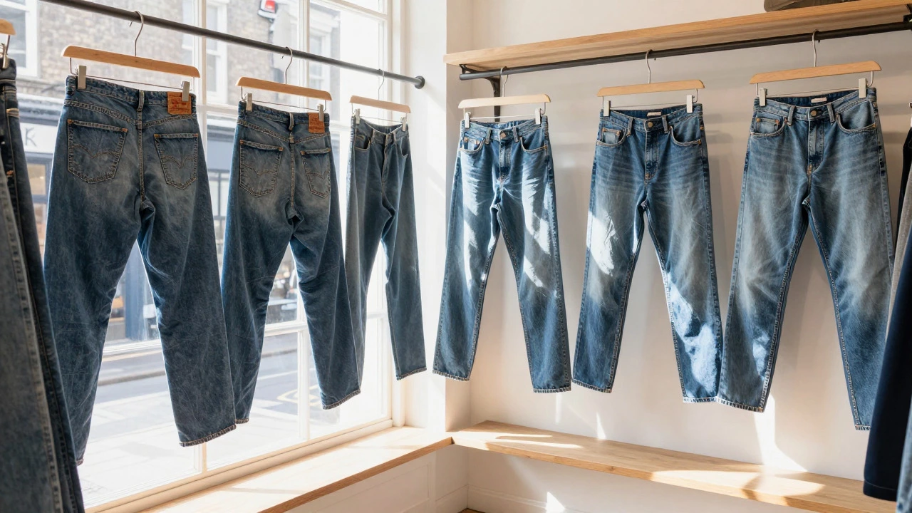 Vintage denim jeans displayed in a sunlit thrift store window