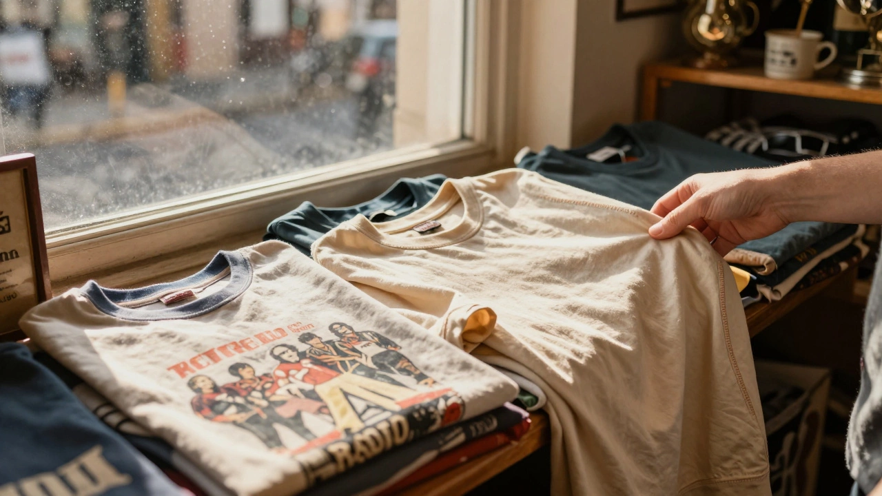Vintage men's t-shirts being sorted in a sunny charity shop