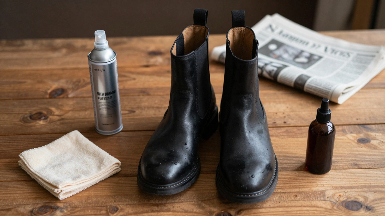 Waterproof Chelsea boots with shoe care products on a wooden table