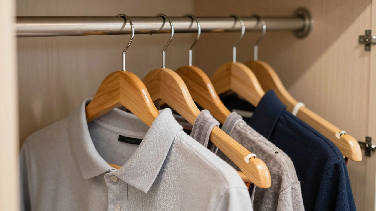 Wide wooden and velvet hangers holding shirts without stretching