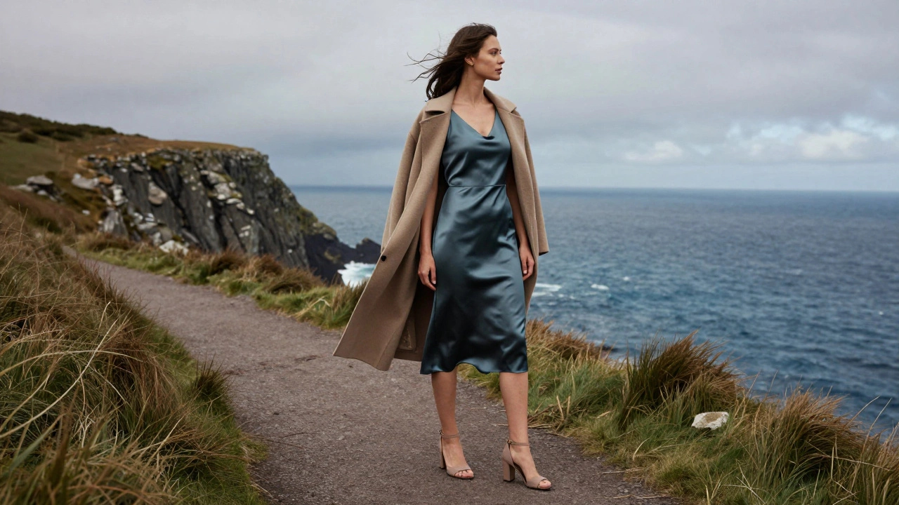 Woman in elegant dress and cloak standing on a windy Irish cliffside