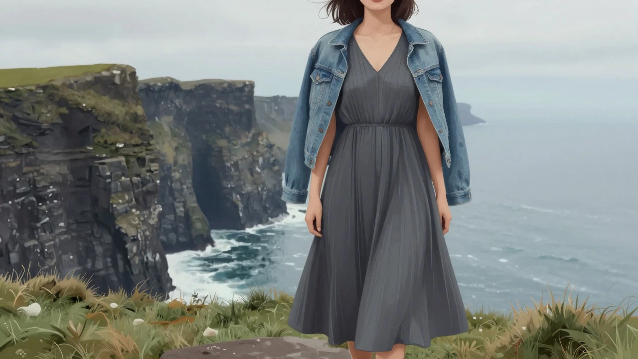 Woman in grey A-line dress near Cliffs of Moher