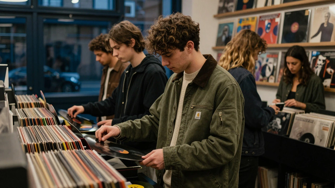 Young creatives in workwear browsing records in a dim Dublin shop