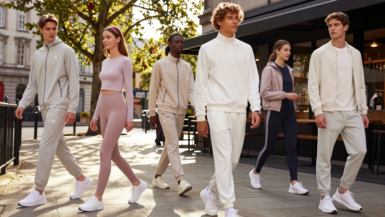 Young people in stylish athleisure wear in an urban Irish setting