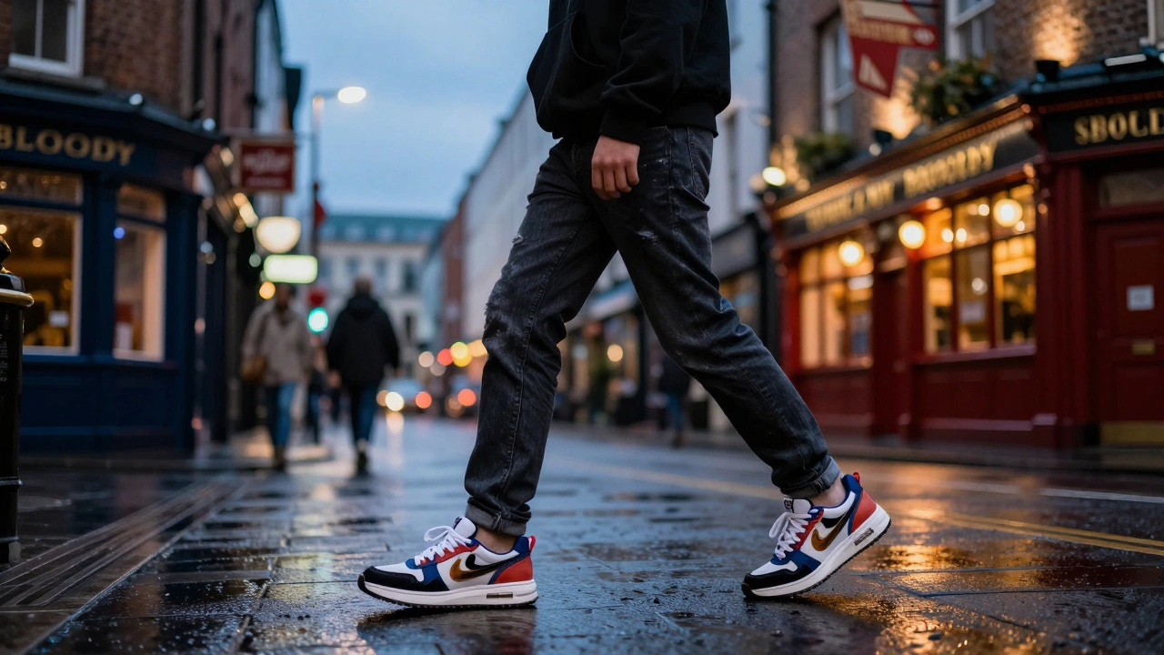 Young person wearing edgy sneakers and dark clothes walking in rainy Temple Bar at dusk.