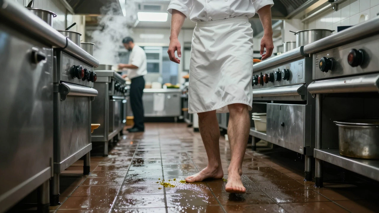 Chef looking at bare feet on slippery kitchen floor
