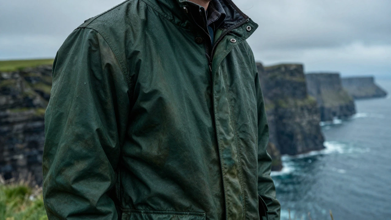 Close-up of a green waxed cotton jacket against the Cliffs of Moher