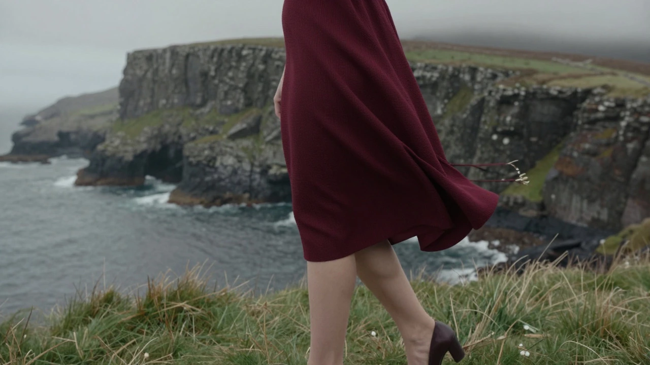 Close up of burgundy dress and heels against Irish coastal cliffs