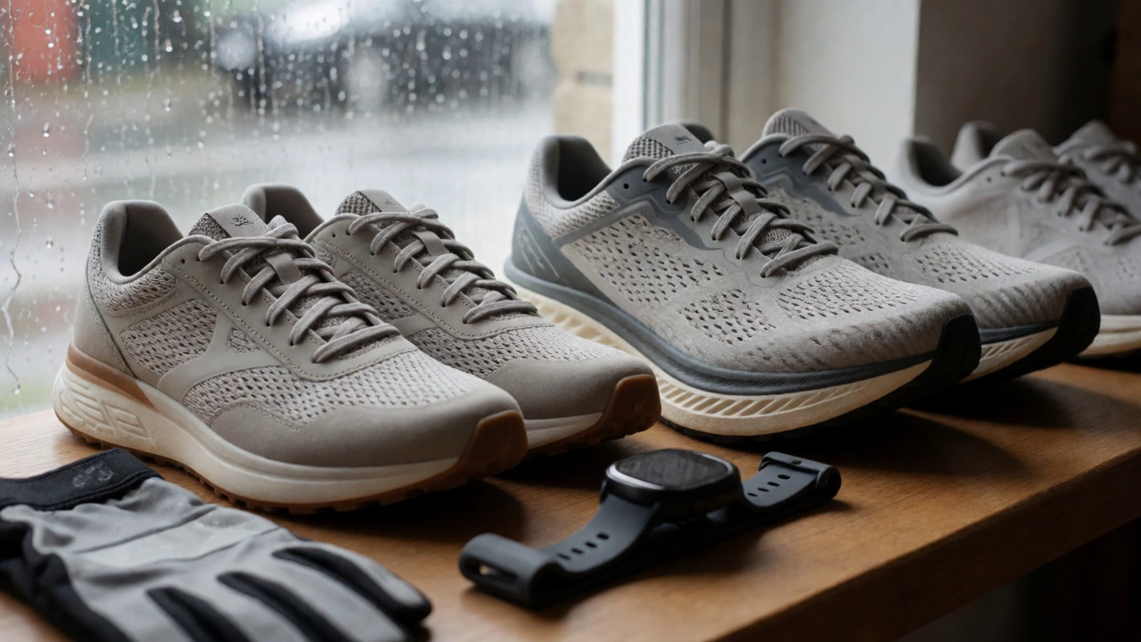 Close-up of cross-trainers, running shoes, and smart accessories by a rainy window.