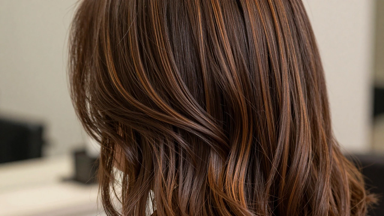 Close-up of glossy chocolate brown hair with caramel highlights