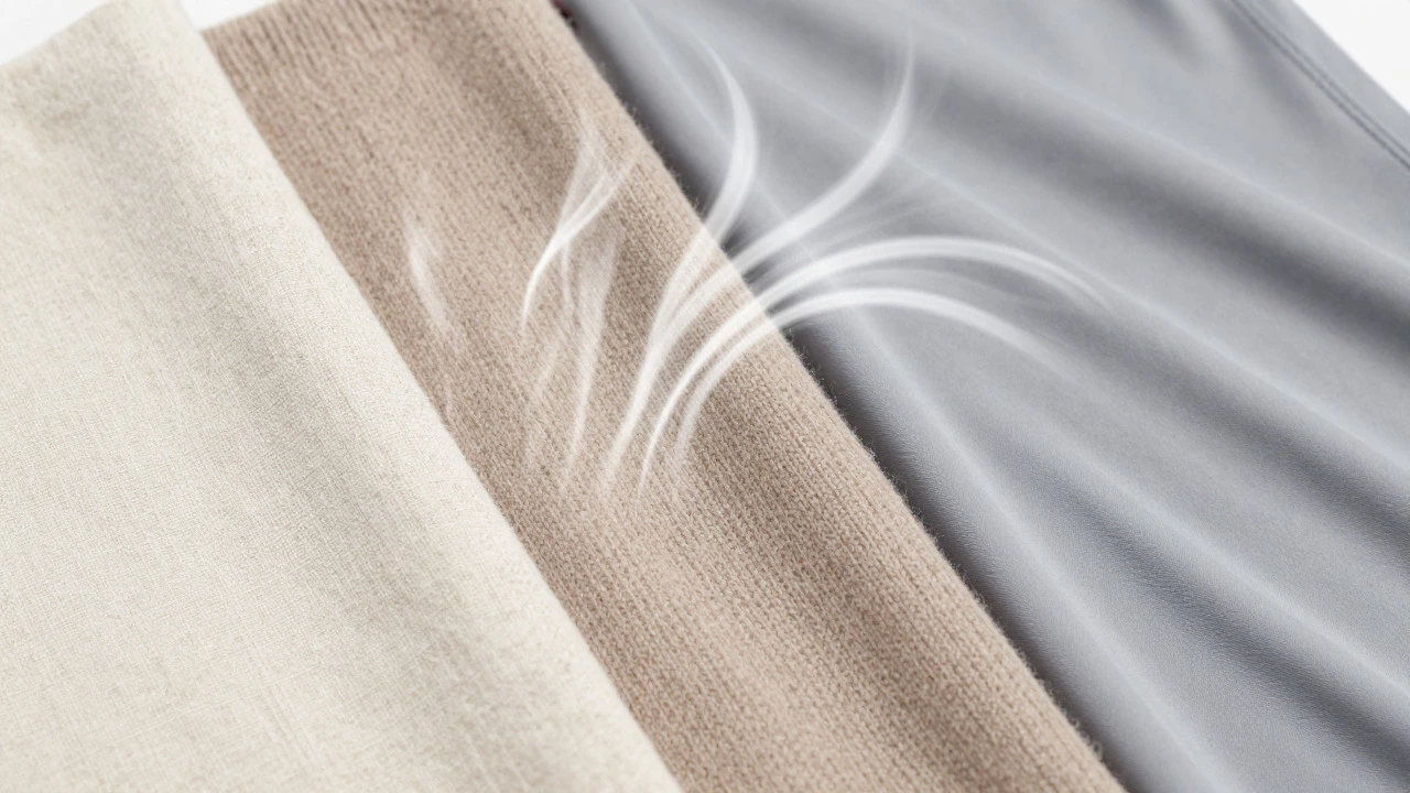 Close up of linen, merino, and synthetic fabric swatches showing texture