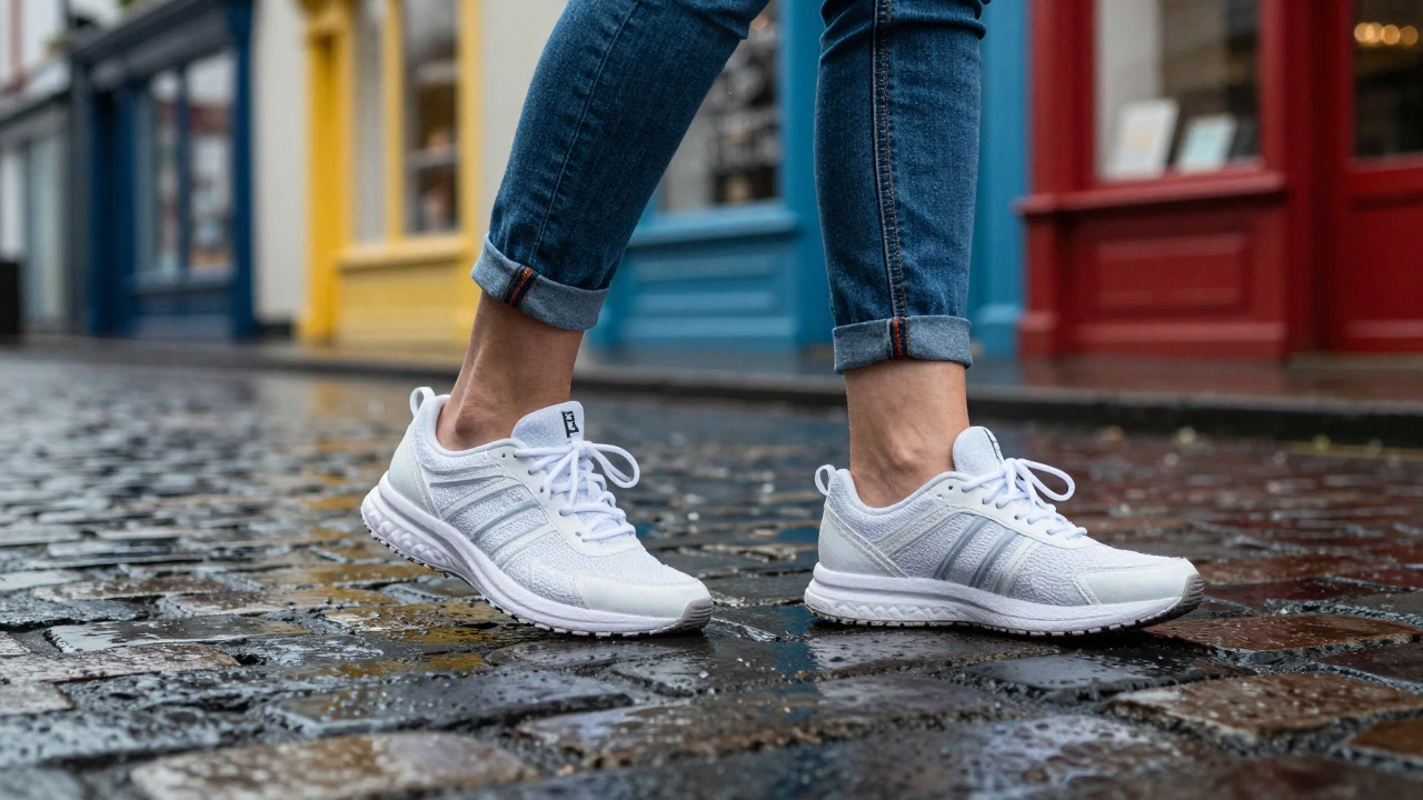 Close-up of trendy trainers on wet cobblestones in a rainy Irish street.