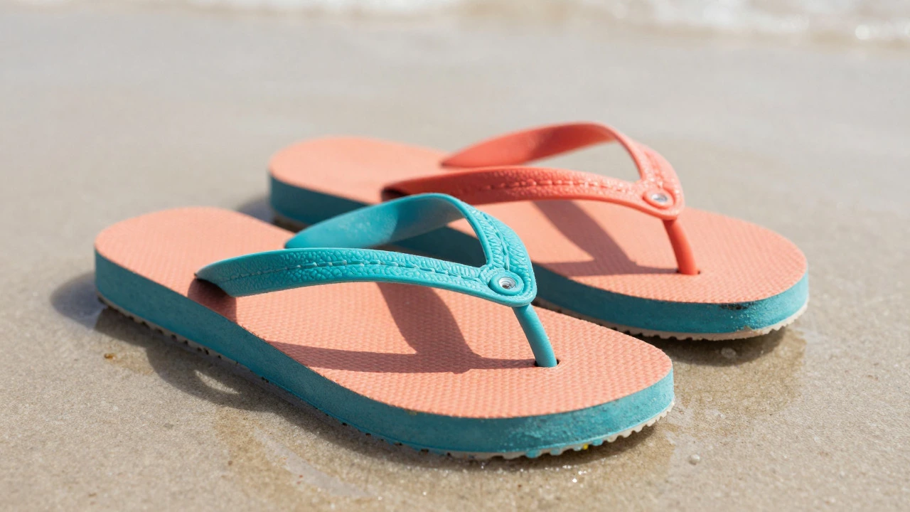 Colorful chanclas on a tropical beach shore