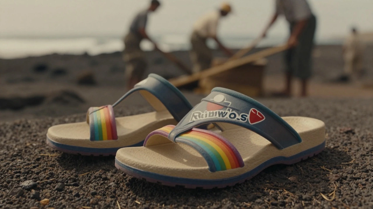 Colorful durable rubber slippahs on volcanic rock with historical plantation context