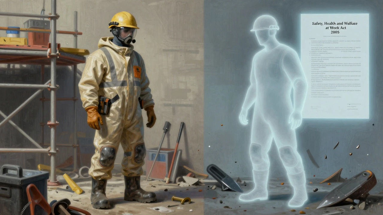 Conceptual art comparing safe PPE vs barefoot risk