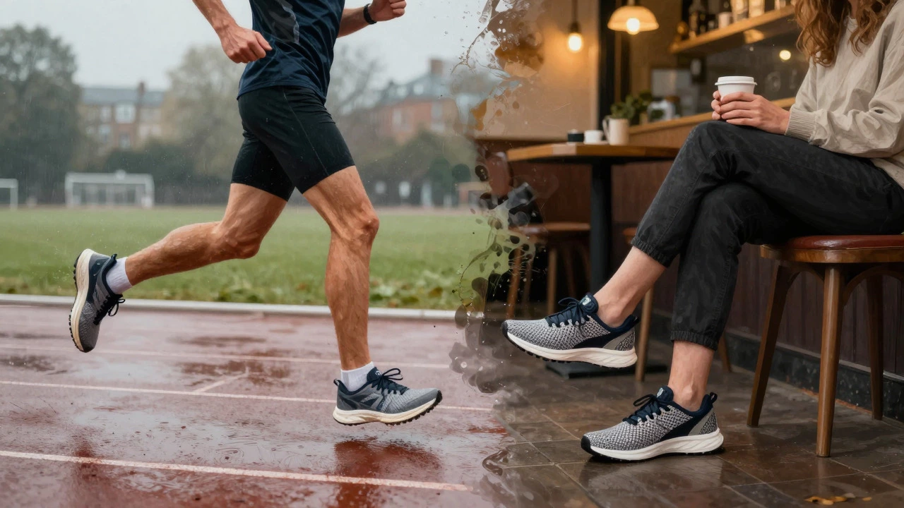 Conceptual art showing the blend of running on a wet track and relaxing in a cafe
