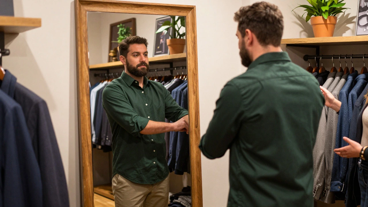 Customer trying on a shirt in a cozy Dublin menswear boutique