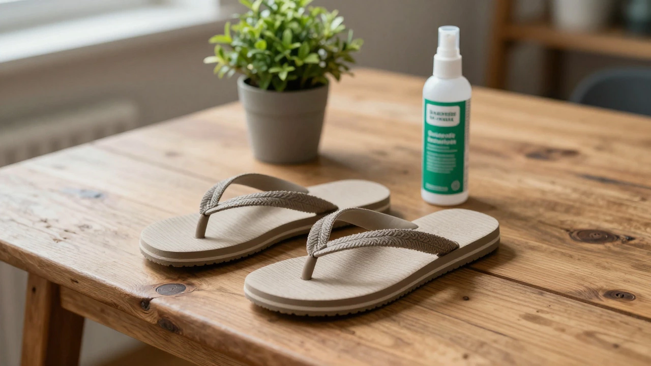 Eco-friendly flip-flops with care products on a table