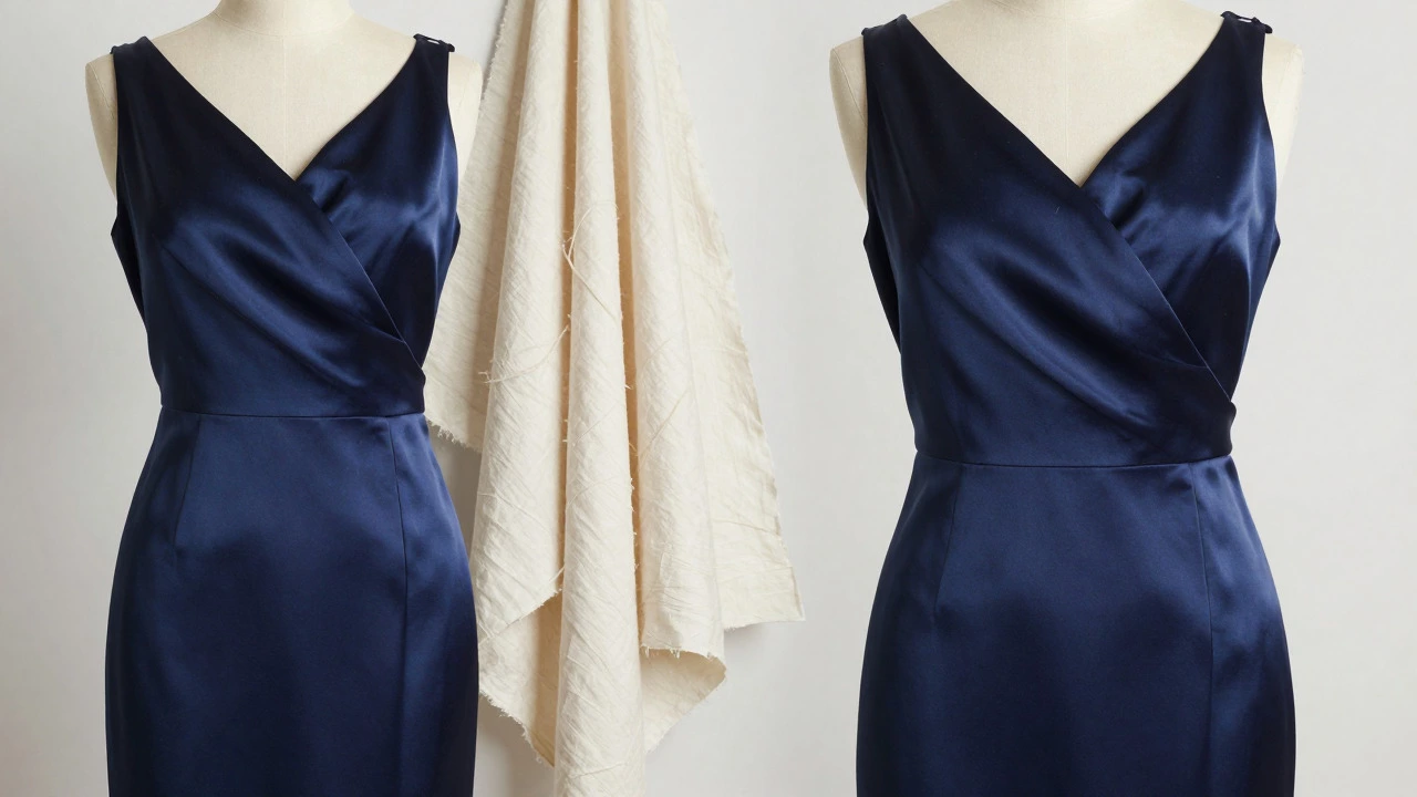 Elegant navy silk evening gown displayed with sustainable fabrics