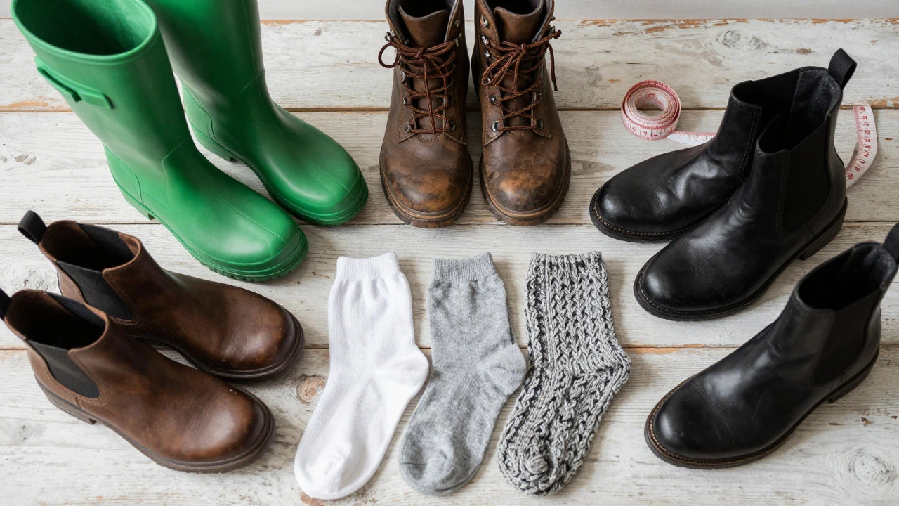 Flat lay of various boots, socks, and a measuring tape