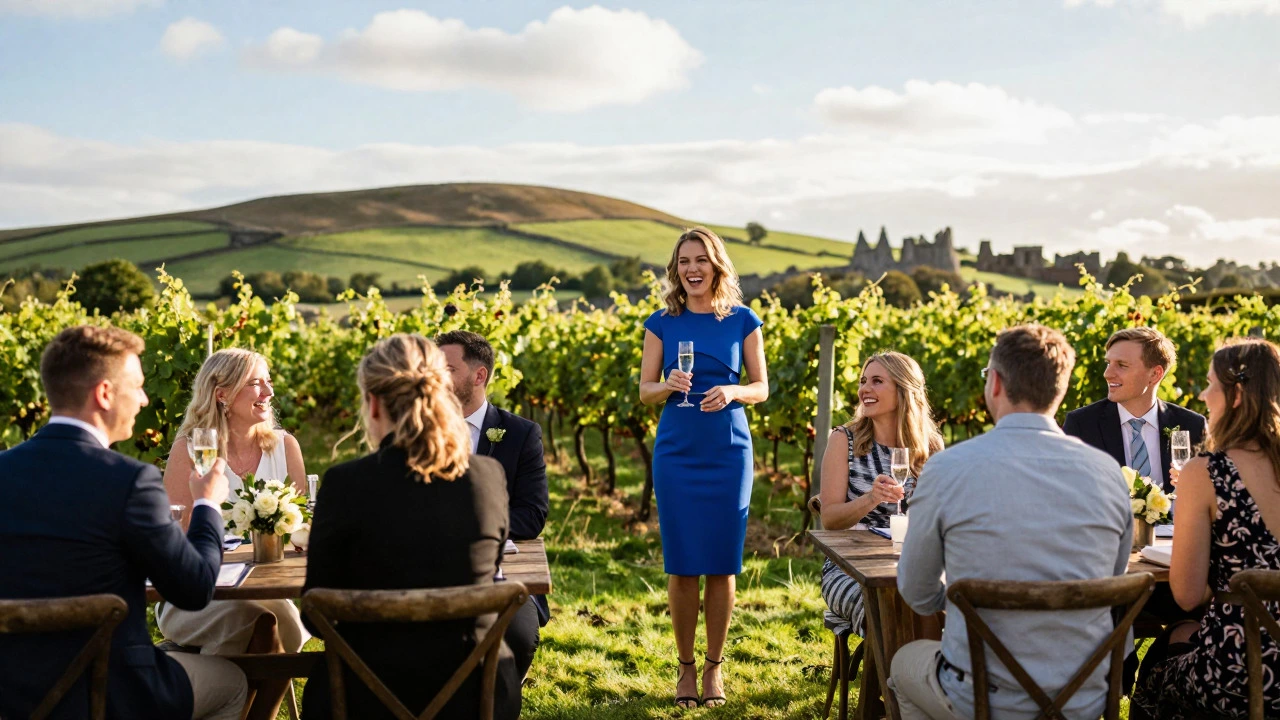 Guests in stylish dresses at a vineyard wedding reception in Ireland