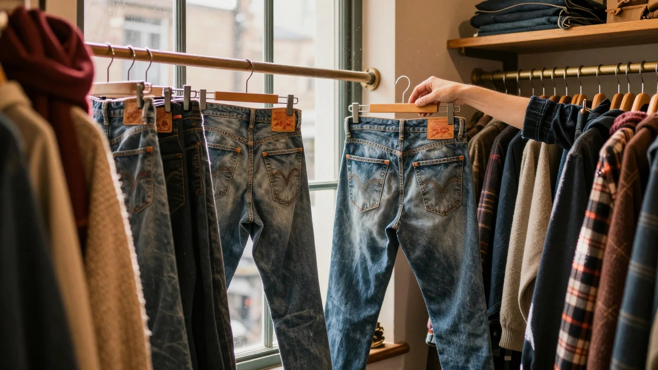 Hand selecting vintage Levi's jeans in a warm Galway boutique