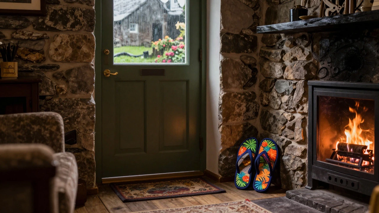 Hawaiian slippahs inside a cozy Irish cottage during rainy weather