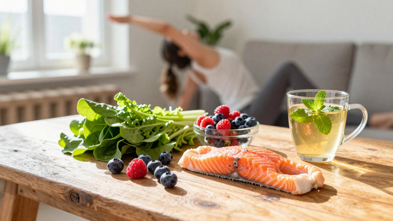 Healthy meal prep with salmon and berries alongside yoga practice
