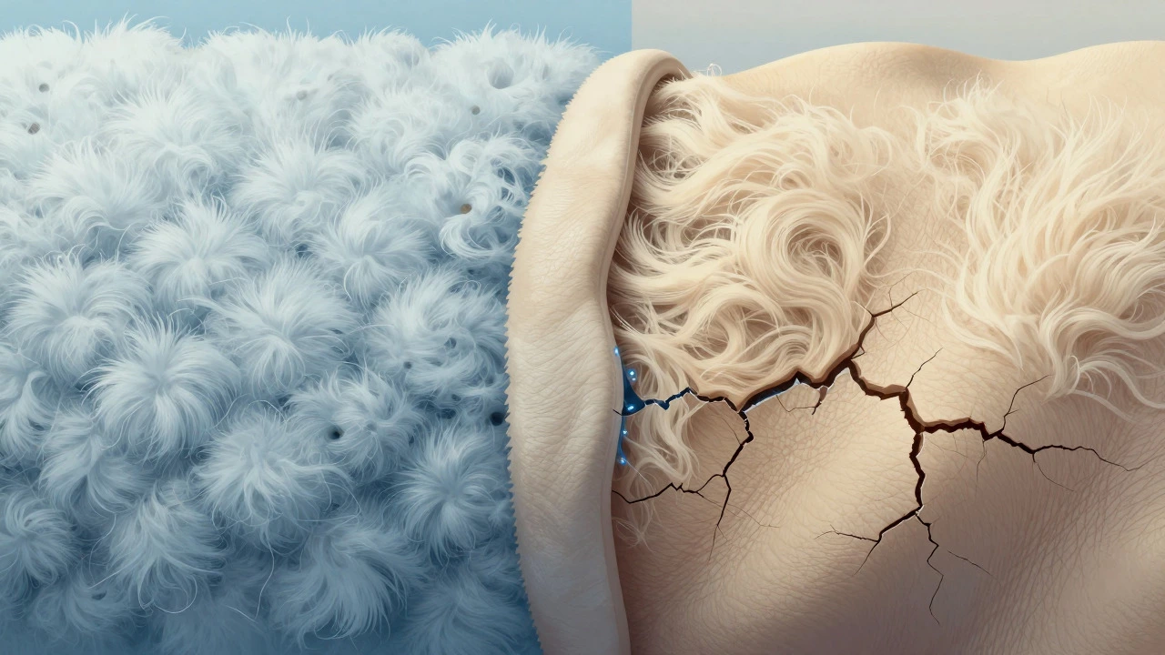 Illustration of sheepskin fibers swelling and matting due to water damage