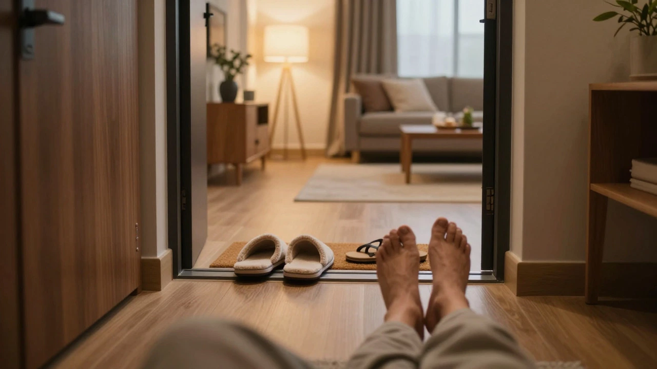 Indoor slippers placed by door next to removed outdoor sandals
