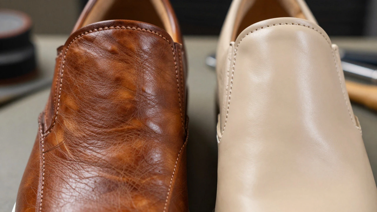 Macro comparison of genuine leather texture versus synthetic material on a sneaker