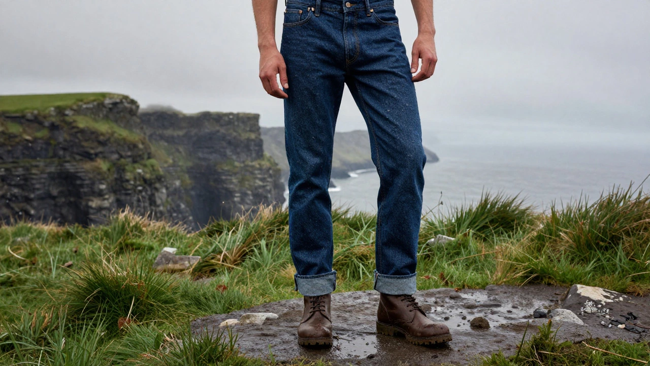 Man in dark Levi's and boots standing in misty Irish countryside