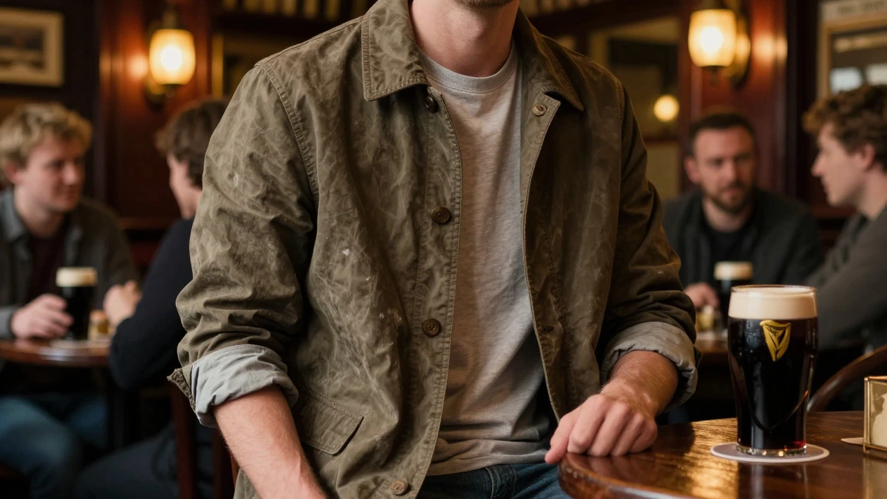 Man in unbuttoned chore coat enjoying drinks in Irish pub