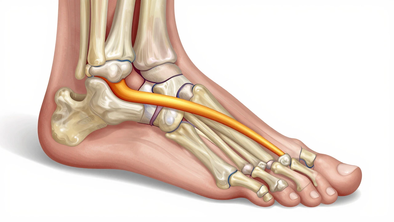 Medical illustration of compressed nerve between metatarsal bones causing Morton's syndrome.