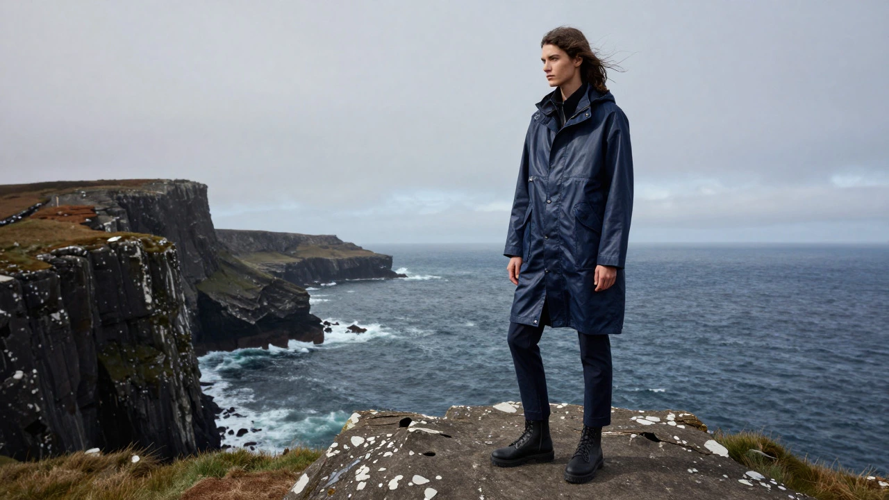 Model in waxed navy chore coat standing by windy Atlantic cliffs