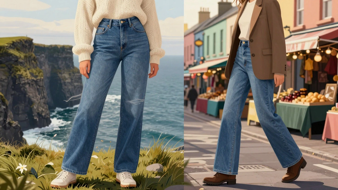 Models wearing balanced loose denim fits for hiking and city wear in Ireland