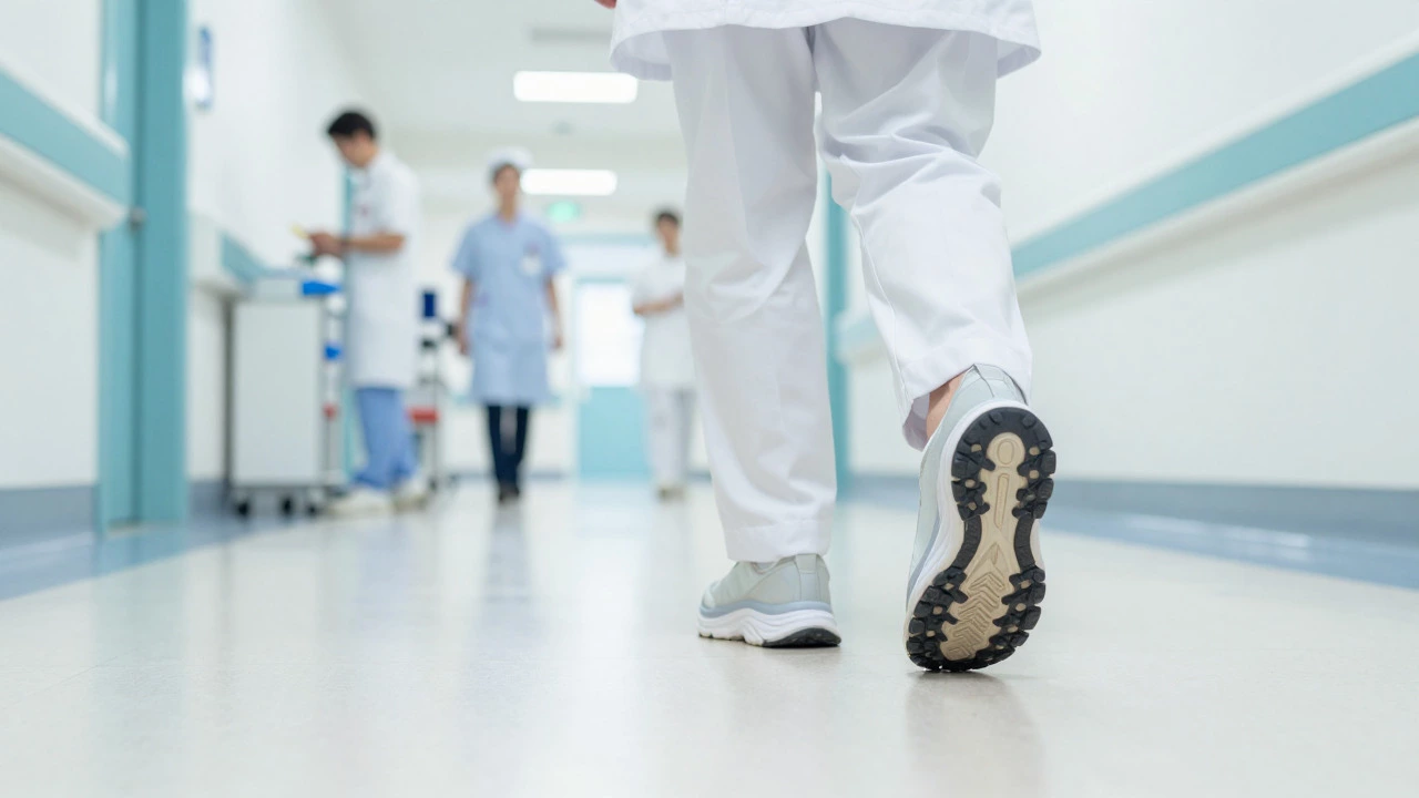Nurse walking in a hospital corridor wearing thick-cushioned work shoes