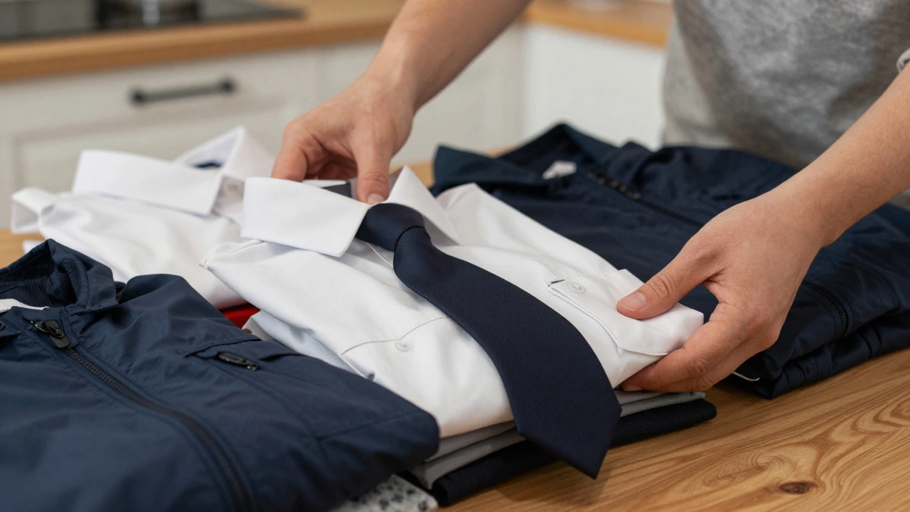 Parent organizing folded school uniforms on a kitchen table