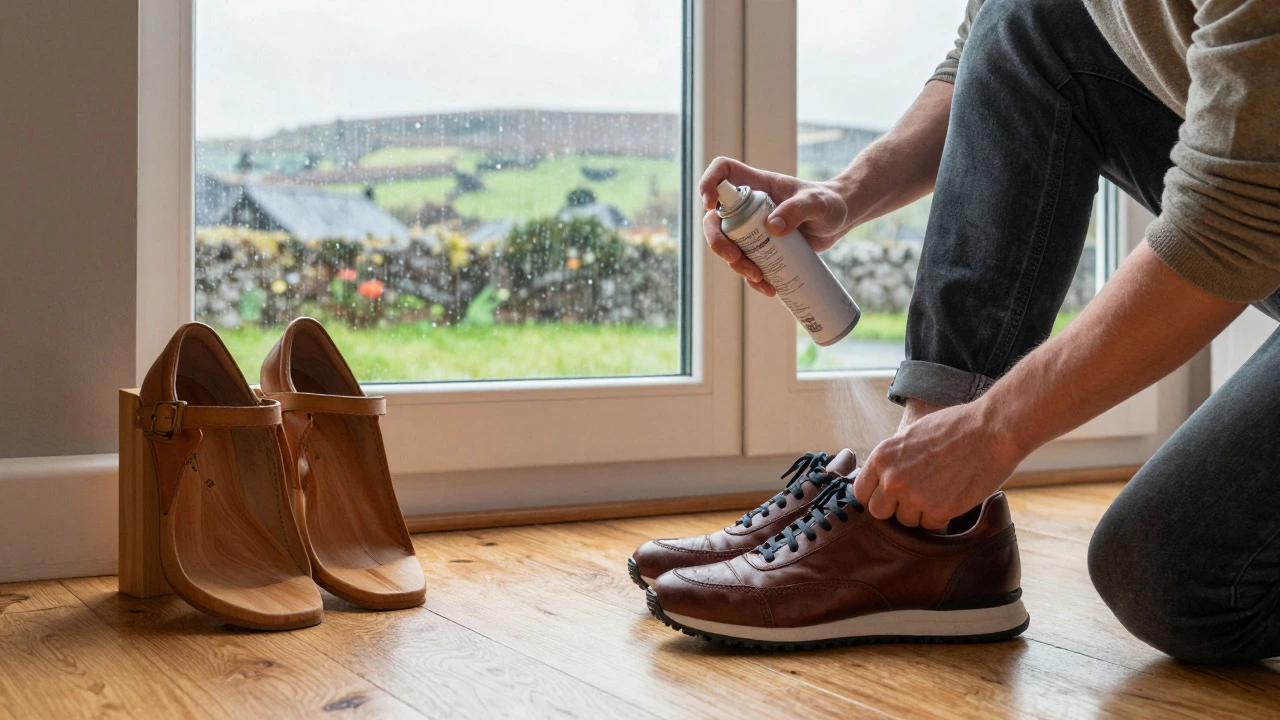 Person applying waterproofing spray to leather sneakers in a room overlooking rain